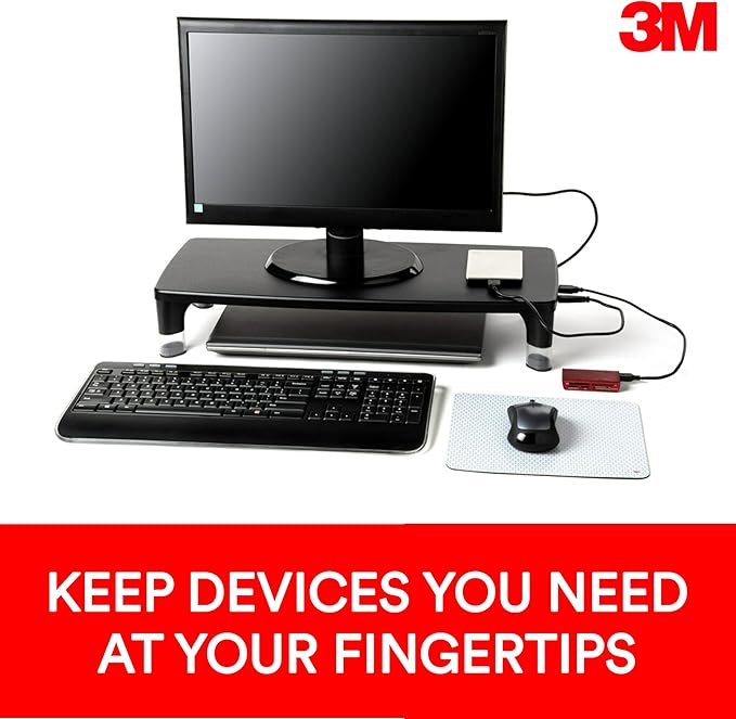 3M Adjustable Monitor Stand with 4-Port USB Hub, Black, Great for Computer Monitors, Laptops, TVs, Speakers, Printers and More