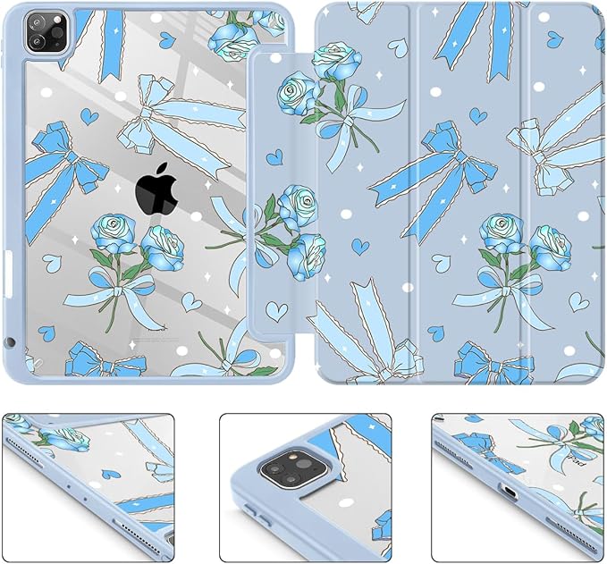 Tuiklol for iPad Pro 12.9 Inch 6th/5th/4th/3rd Generation 2022 2021 2020 2018 Case,Built-in Pencil Holder Clear Transparent Protective Back Shell Cover with Auto Sleep/Wake, Bow & Rose Blue