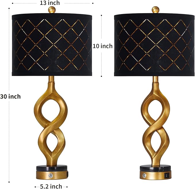 Cinyirong 30" Black and Gold Table Lamp for Living Room, Modern Touch Control Bedside Lamp for Bedroom, 3-Way Dimmable Sculptural Resin Nightstand Lamp with USB A+C Ports and 1 LED Bulb (1 Pack)