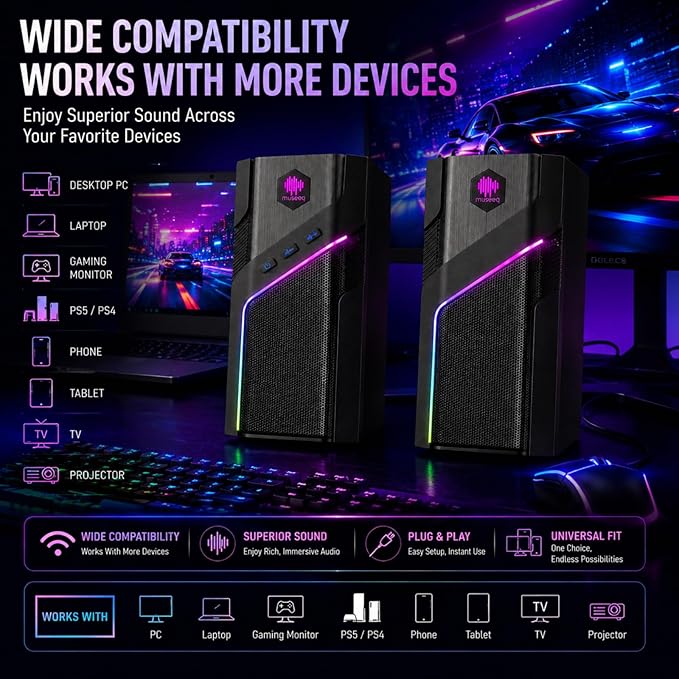 W-206RE RGB Gaming Speakers for PC, Bluetooth & USB Desktop Speakers for Gaming PC and Monitor, Touch Control Stereo Computer Speakers with 21 LED Light Modes