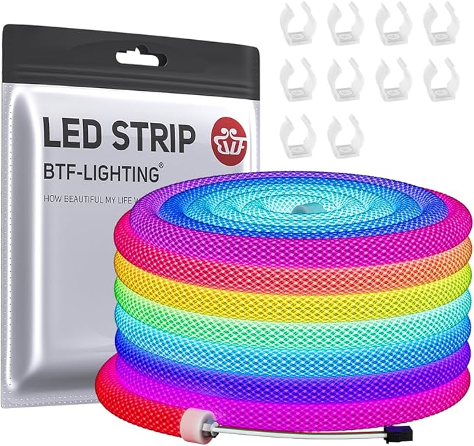 BTF-LIGHTING 16.4FT WS2811 WS2812B IC RGB DC5V 360 Degree Round Reticulate Pattern Chasing Color Neon LED Strip Flexible Nylon Silicone IP67 Waterproof Dream Color Rope Light(No Adapter or Controller)
