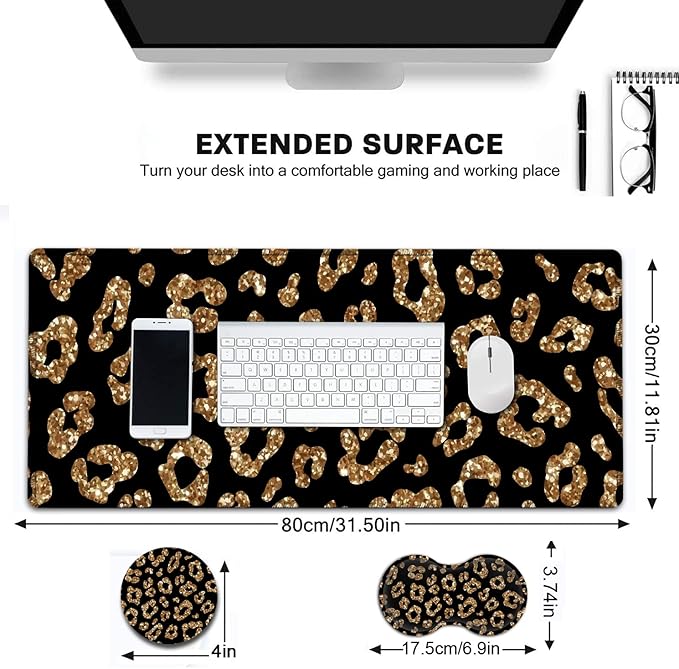 Large Gaming Mouse Pad, 31.5x11.8 in Extended Computer Mouse Mat with Non-Slip PU Base, Ergonomic Memory Foam Keyboard Wrist Rest,for Work Gaming, Rose Gold Glitter Psalm 465 Black Office Desk Pad