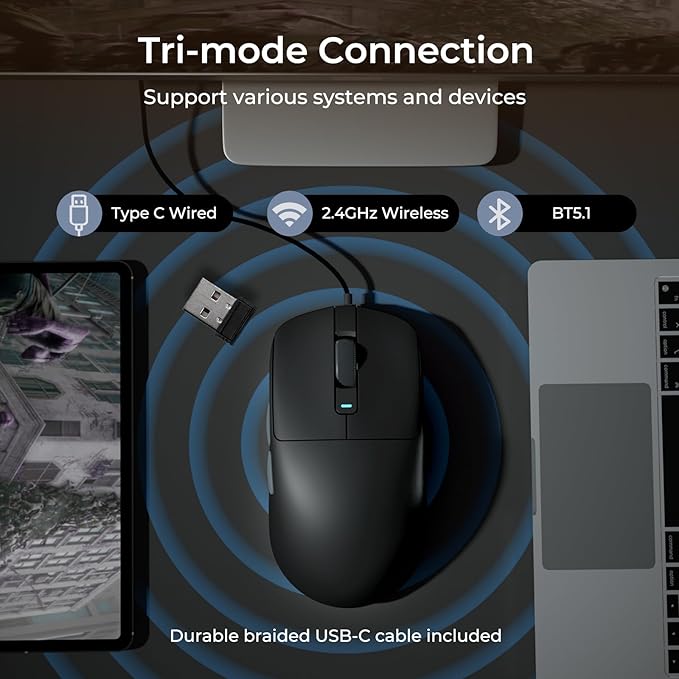 RK ROYAL KLUDGE RK M30 Wireless Gaming Mouse, 24000 DPI, 43g Ultra-Lightweight, PAW3311 Sensor, 2.4G/Bluetooth/USB-C Rechargeable Wireless Mouse with 5 Programmable Buttons for PC/Mac, Black Grey