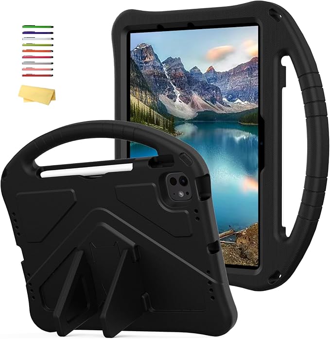 Kids Case for iPad Air 11 inch M4/M3/M2 (2026/2025/2024) & iPad Pro 11 inch M5/M4 (2025/2024) with Pencil Holder/Handle Kickstand/Lightweight Soft EVA Shockproof Boy Girl Stand Cover, Black