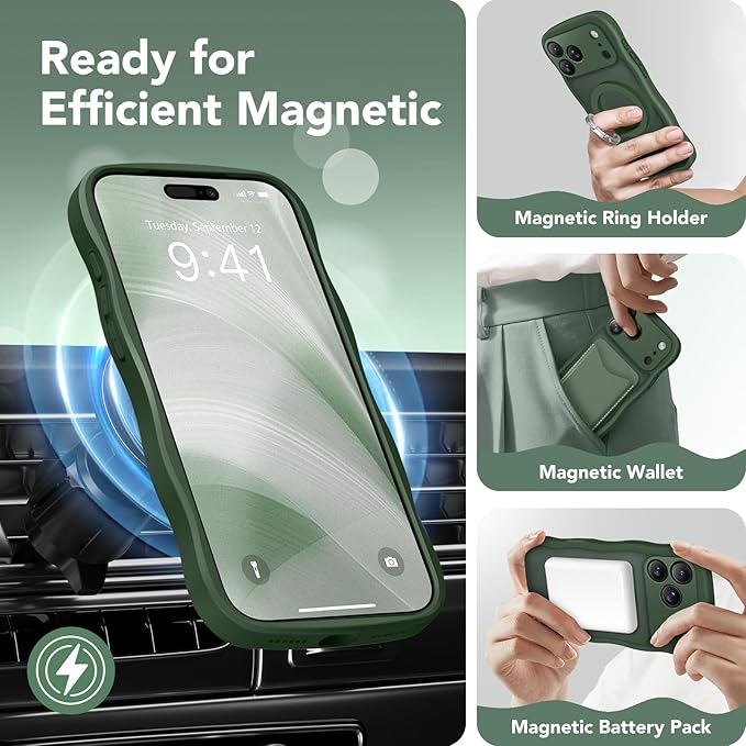 CAPRARO Magnetic for iPhone 17 Pro Case for Women Girls, Upgraded [Full Camera Protection] [Compatible with MagSafe] Cute Wave Translucent Matte Phone Case for iPhone 17 Pro, Deep Green