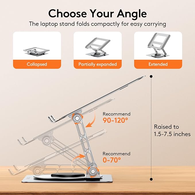 TECKNET Laptop Stand for Desk - 360° Rotating Base, Ergonomic Foldable Computer Stand for Laptop Riser, Height Adjustable, Compatible with MacBook Pro, Dell XPS, HP, and All Laptops 10-17" (Silver)