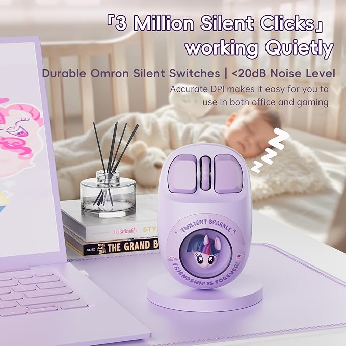 My Little Pony Wireless Mouse - Twilight Sparkle Edition, 3D Character Design Silent Click Mouse with 1600 DPI, Dual-Mode (2.4GHz/Bluetooth), Ergonomic for Mac/Windows
