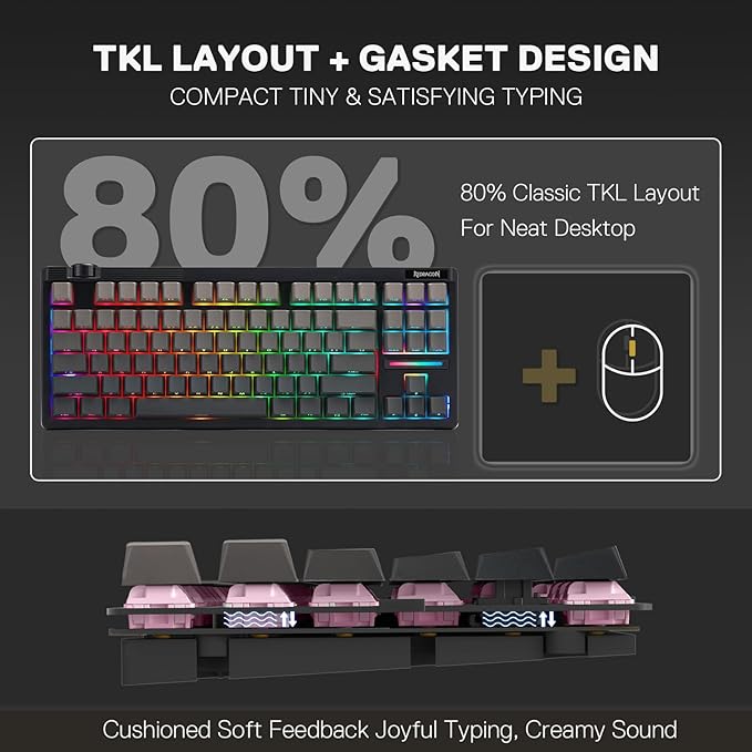 Redragon K729 PRO 80% Wireless Gasket RGB Gaming Keyboard, 3-Mode TKL Mechanical Keyboard w/Knob Control, Gradient PBT Keycaps, Hot-Swap South-Facing Socket & 5-Layer Dampener, Custom Silent Switch