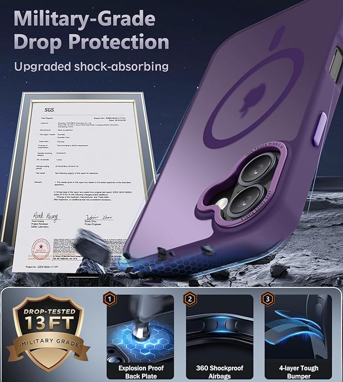 Newfuture Designed for iPhone 16 Case with Magnetic [13 FT Military Drop Protection] [Compatible with Magsafe] Slim Translucent Matte Shockproof with Anti-Fingerprint Phone Case, Deep Purple