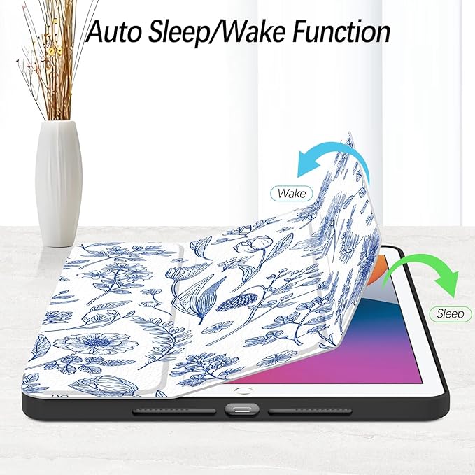 Case for iPad 9th / 8th / 7th Generation (2021/2020/2019) 10.2 inch, Case with Pencil Holder, Stand Clear Back Cover Cute Cool Design for Women Girls, Auto Sleep/Wake, Blue Flower