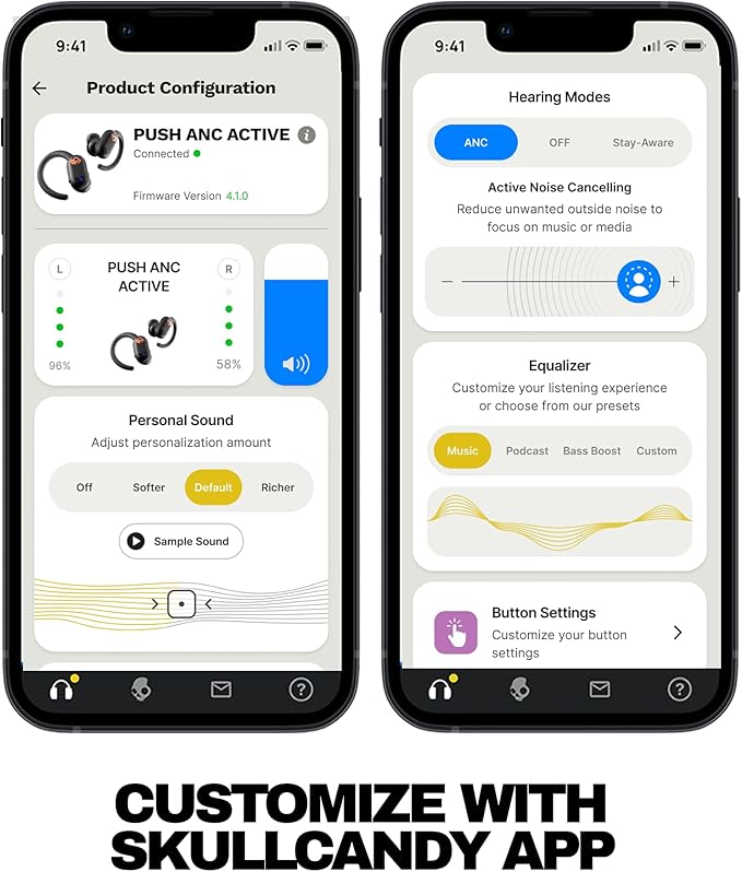 Skullcandy Push ANC Active Wireless Earbuds, Bluetooth Headphones, Noise Cancelling, 58 Hours Battery, Secure-Fit Over-Ear Hanger, Sweat and Waterproof, Microphone for iPhone Android - Black/Orange