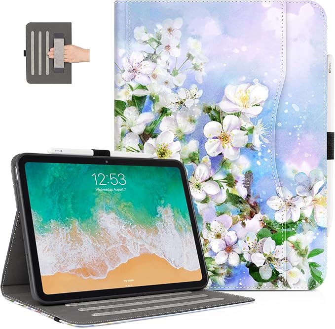 for iPad (A16) 11Th/10Th Generation Case 2025/2022, for iPad Case 11Th/10Th Generation, 10Th/11Th Gen iPadCase Cover Pencil Holder/Hand Strap/Pocket/Adjustable Stand, Blue Flower