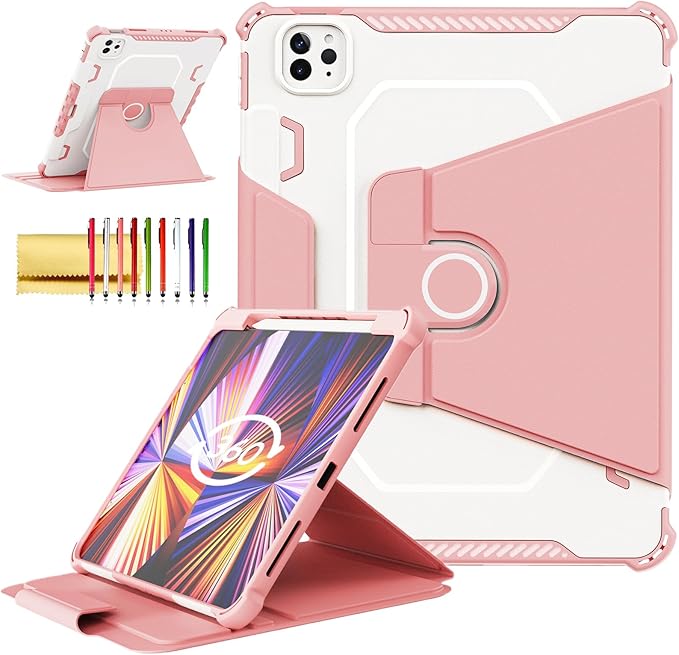 Rotating Case for iPad Pro 11" 4th/3rd/2nd Gen, iPad Pro 11 Smart Cover with Pencil Holder, Techcircle Hybrid TPU+PC Magnetic Cover Soft Bumper Slim Fit Folio Shockproof Protective Case-Baby Pink