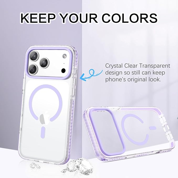 BENTOBEN Magnetic for iPhone 17 Pro 6.3" Case, Compatible with Magsafe Military Shockproof Protective Bumper Cute Transparent Slim Anti-Yellowing Phone Case for iPhone 17 Pro Cover, Clear Purple