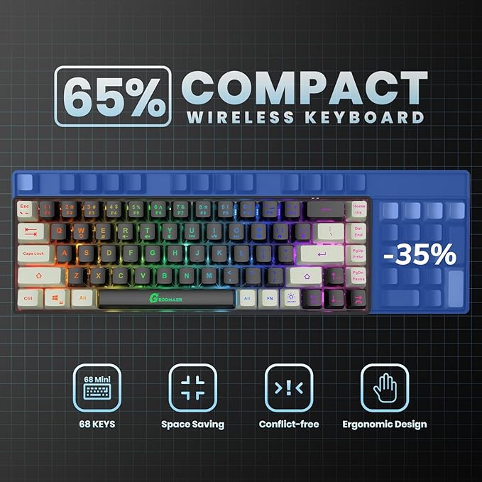 GEODMAER 65% Wireless Gaming Keyboard: LED Backlit, 68 Keys, Ultra-Compact, Anti-ghosting, No-Conflict Wireless Keyboard for PC Laptop Windows Gamer(Black-White)