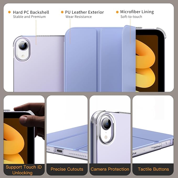 MoKo for iPad mini 7 (A17 Pro) Generation Case 2024, iPad mini 6 Case 2021, 8.3-inch Slim Lightweight Protective Hard Back PC Shell Stand Cover Support Touch ID, Auto Wake/Sleep, Grayish Purple