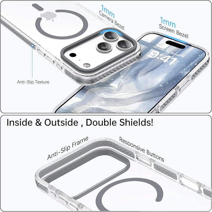 BENTOBEN Magnetic for iPhone 17 Pro Max 6.9" Case, Compatible with Magsafe Military Shockproof Protective Bumper Cute Transparent Slim Anti-Yellowing Phone Case for iPhone 17 Pro Max Cover, Clear Gray