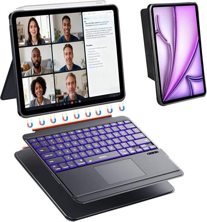 WIWU for iPad Case Keyboard for Air 13 Inch M4/M3/M2 2026/2025/2024 Magnetic Detachable Keyboard Case Adjustable Stand 7 Colours Backlit Keys Trackpad (Black, for Air 13"(M3/M2) Pro 12.9" 6/5/4/3)