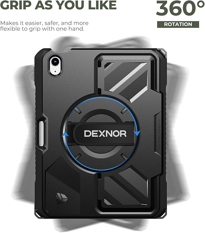 Dexnor Case for iPad (A16) 11th/10th Generation 2025/2022 (11″/10.9″),Rugged Protective Case with 360° Rotating Hand Strap& Stand & Screen Protector & Pencil Holder Shockproof Full-Body Cover, Black