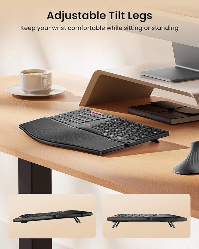 ProtoArc Bluetooth Ergonomic Keyboard, EK04 Mini Compact Wireless Ergonomic Keyboard, Hard Palm Rest, Multi-Device, Split Design, Rechargeable, Compatible with Windows, Mac OS - Black