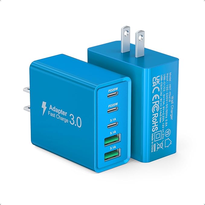 [50W/2Pack] Wall Charger, USB C Charger Block, 5-Port PD + QC 3.0 Fast Charging Power Plug Adapter Brick for Watch Series 10 9 8 7, for iPhone 17 16 15 14 13 Pro Max Airpod, Samsung Galaxy S25(Blue)