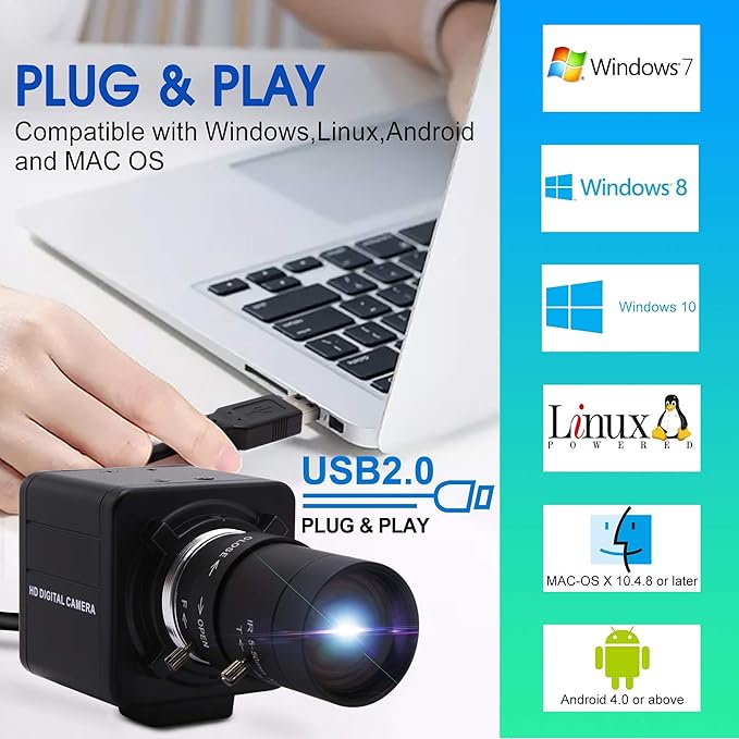 USB Camera 4K Ultra HD Webcam with 5-50mm Varifocal Lens USB Camera High Resolution 3840P Optical Web Camera,Manual Zoom Conference Webcam Support OPENCV on Mac/Window/Linux