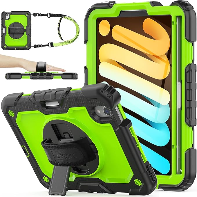 SEYMAC stock Case for iPad mini 7 (A17 Pro) 2024/ Mini 6 8.3'' with Screen Protector Pencil Holder [360 Rotating Hand Strap] &Stand, Drop-Proof Case for iPad mini 7th/6th Generation 8.3", Green+Black