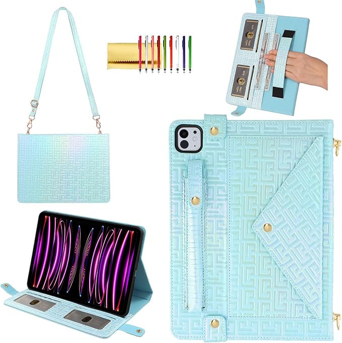 Shiny Case for iPad Pro 12.9" 6th/5th/4th Gen & iPad Air 13-inch Handbag w/Hand Strap, Techcircle Crossbody Iridescent Folio Stand Wallet Case w/Pencil Holder+Shoulder Strap, Shiny Blue