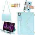 Shiny Case for iPad Pro 11" 2018-2022 / Air 10.9" 11" Handbag with Hand Strap, Techcircle Crossbody Iridescent Folio Stand Wallet Case with Pencil Holder+Card Slots+Shoulder Strap, Shiny Blue