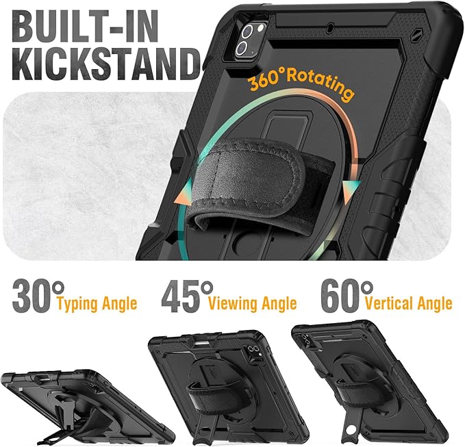 HXCASEAC Case for iPad Pro 12.9 Case (6th 5th 4th 3rd Generation), Shockproof Design | Pencil Holder | Hand Strap | Screen Protector | Heavy Duty Protective iPad 12.9 inch 2022/2021/2020/2018 - Black