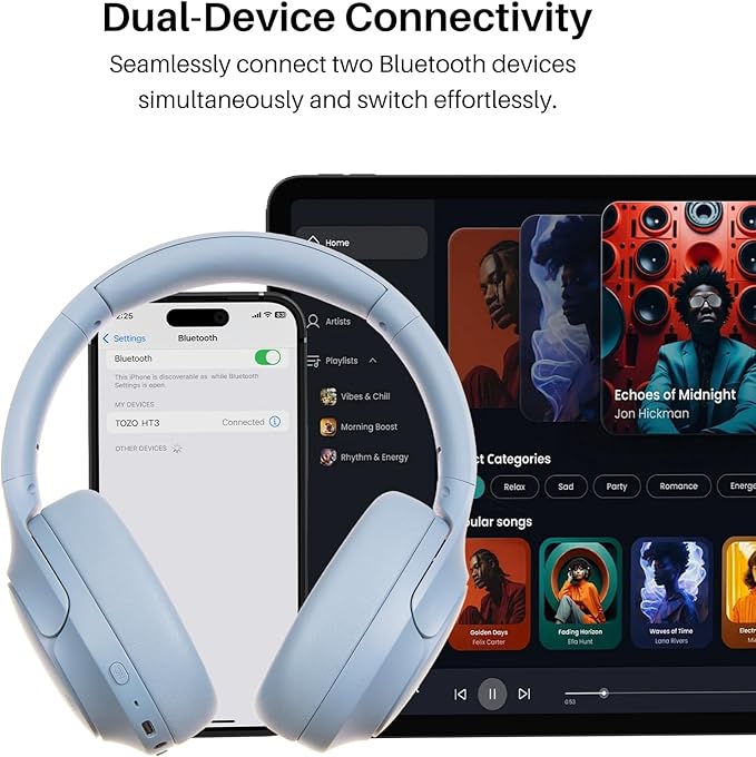 TOZO HT3 Hybrid Noise Cancelling Headphones, 90H Battery Life Wireless Over Ear Bluetooth 6.0 Foldable Headset, AI Voice Assistant with 5 Mics, Connect 2 Devices and Hi-Res Sound, 32 EQ Audio Presets
