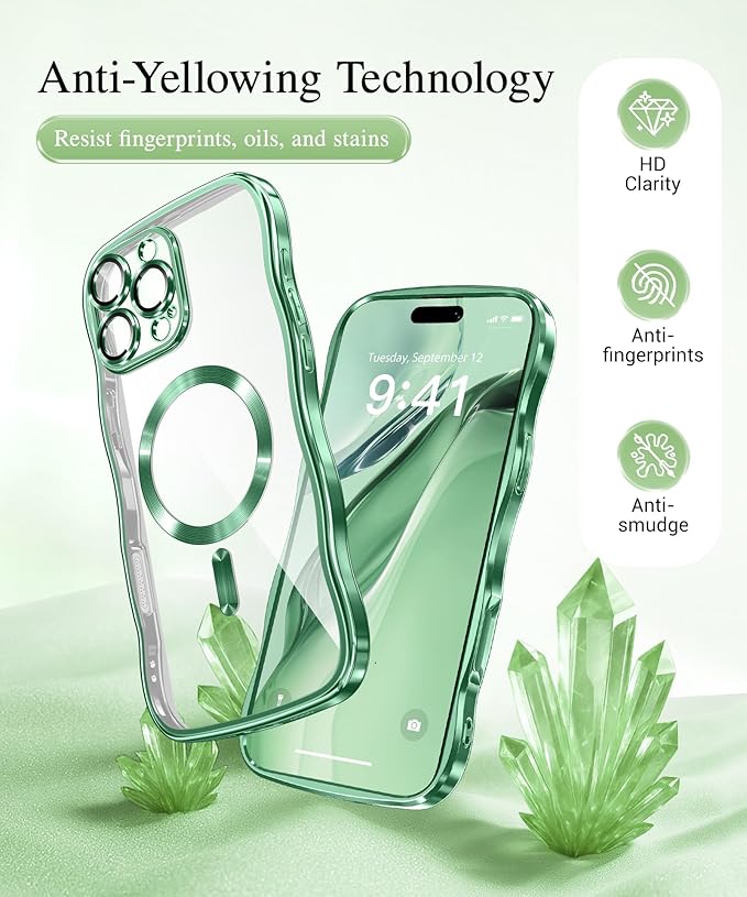 GVIEWIN for iPhone 16 Pro Case Compatible with MagSafe, Upgraded [Full Camera Protection][Cute Wave Frame][Military Grade Protection] Electroplated Soft Phone Cover for Women Girl, Clear/Green