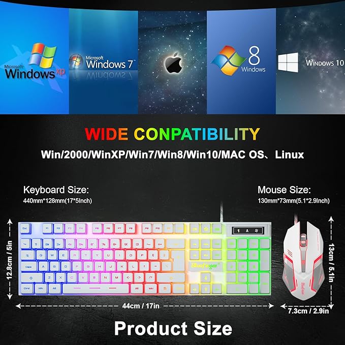 BlueFinger RGB Gaming Keyboard and Backlit Mouse Combo, USB Wired, LED Gaming Set for Laptop PC Computer Game and Work(White)