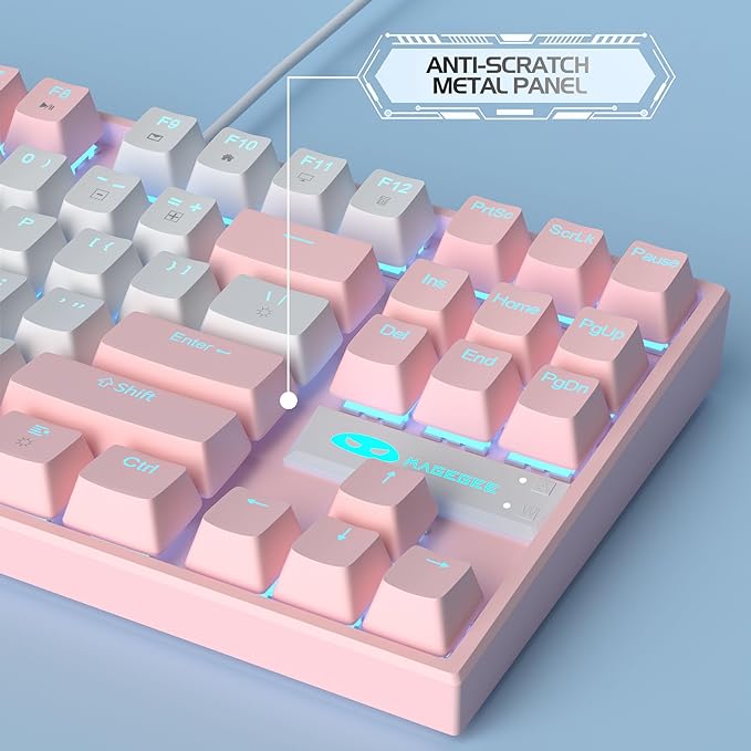 MageGee 75% Mechanical Gaming Keyboard, Red Switch, LED Blue Backlit, 87 Keys Compact TKL Wired Computer Keyboards for Windows Laptop PC Gamer - White/Pink