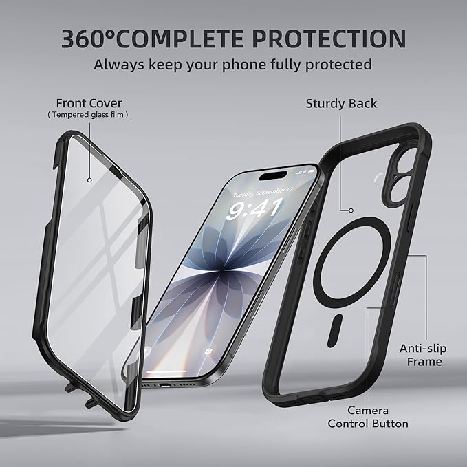 BERFY for iPhone 17 Case, Compatible with MagSafe, Built-in Glass Screen Protector, Camera Protection, Shockproof Full Body Phone case 6.3", Clear Black