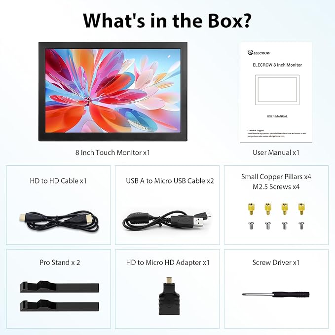 ELECROW 8 Inch Touchscreen Monitor, 1280x800 IPS LCD HD Display with Stand, Portable Capacitive Touch Screen Compatible for Raspberry Pi 3/4/5, Win 11/10/8/7, Jetson Nano, laptops, Game Consoles