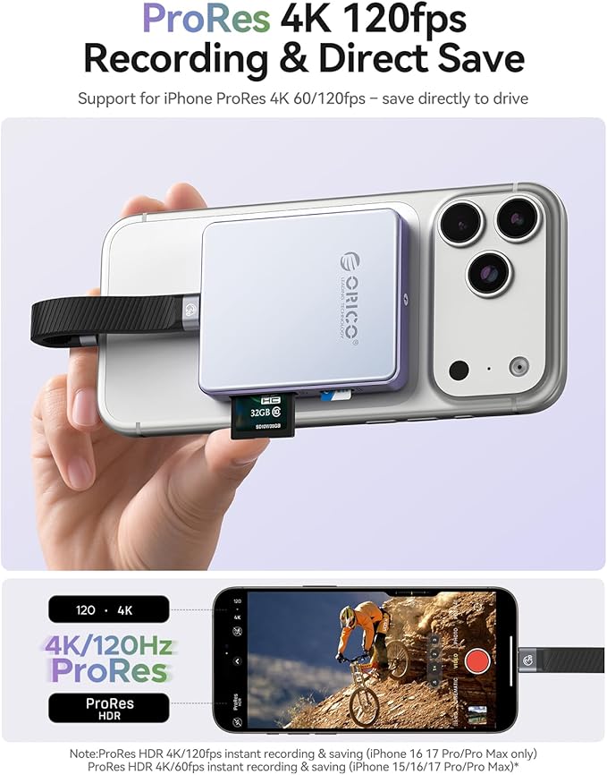 ORICO Magnetic M.2 2230/2242 NVMe SSD Enclosure for iPhone 4K ProRes Recording ith SD/TF 3.0 Card Reader PD100W Charging Port, Support for iPhone 15/16/17 Series Laptop Tablet- Diskless AP42F Green