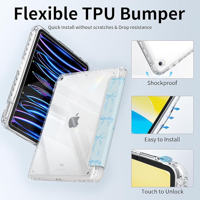 Case for iPad 11th Generation A16 Chip (2025), iPad 10th Generation (2022) Case, Protective Slim Soft TPU Back Cover with Pencil Holder, Trifold Origami Multi-Angle Stand, Blue Bows