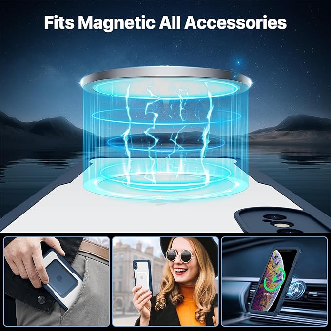 CENHUFO Privacy Magnetic for iPhone Xs Max Case, Full Body Phone Case Built-in 9H Tempered Glass Privacy Screen Protector [Compatible with Magsafe] Shockproof Protective Bumper Clear Cover - Blue