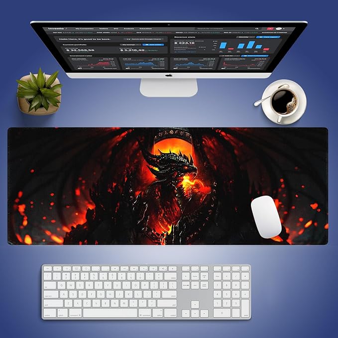 XXL Gaming Mouse Pad with Stitched Edges for PC Home & Office 31.5 x 11.8 inches - Abstract Dragon of Flames and Shadows Design, Smooth Fabric Surface Anti-Slip Rubber Base Large Desk Mat