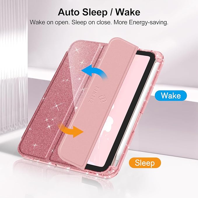 Fintie Slim Case for iPad Mini 7 (A17 Pro, 7th Generation) 2024 / iPad Mini 6 (6th Gen) 8.3 Inch - [Built-in Pencil Holder] Glittering Sparkly Shockproof Cover w/Shiny Clear Back Shell (Rose Gold)