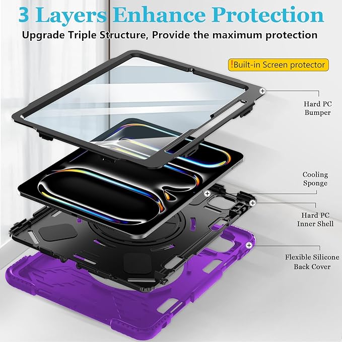 Case for iPad Pro 11 M5 2025/ M4 2024: Protective Cover for iPad Pro 11 Inch 5th Generation with Screen Protector- Stand- Handle- Shoulder Strap- Pencil Holder-Black+Purple