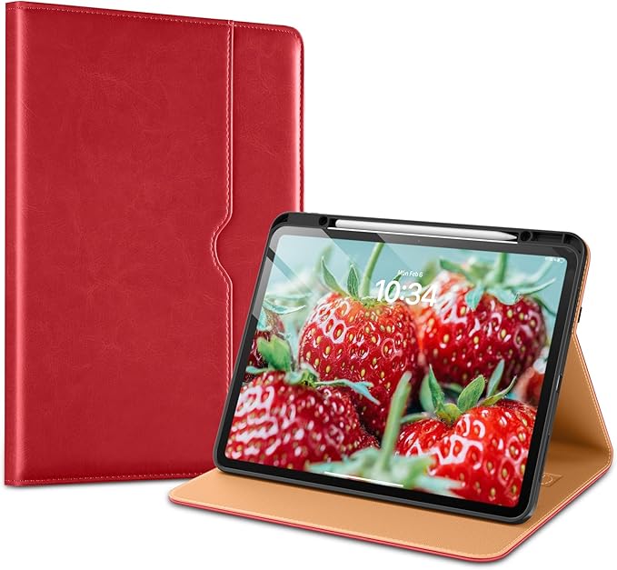 VIKESI Case for iPad Pro 13-inch M5 or M4 Released in 2025 or 2024, Leather Stand Cover with Apple Pencil Holder, Auto Wake/Sleep, Multiple Viewing Angles, Built in Hand Strap & Pocket,Red