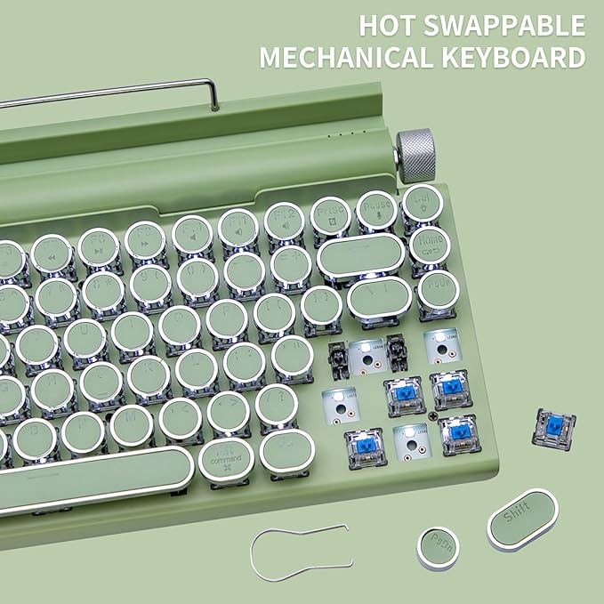 Adventurers Retro Typewriter-Style Mechanical Keyboard, 83 Keys, 75% Compact Layout, Bluetooth 5.0 and Wired, Hot-Swappable Blue Switch, White Backlit for Windows/Mac/iPad/PC/Laptop (Light Green)