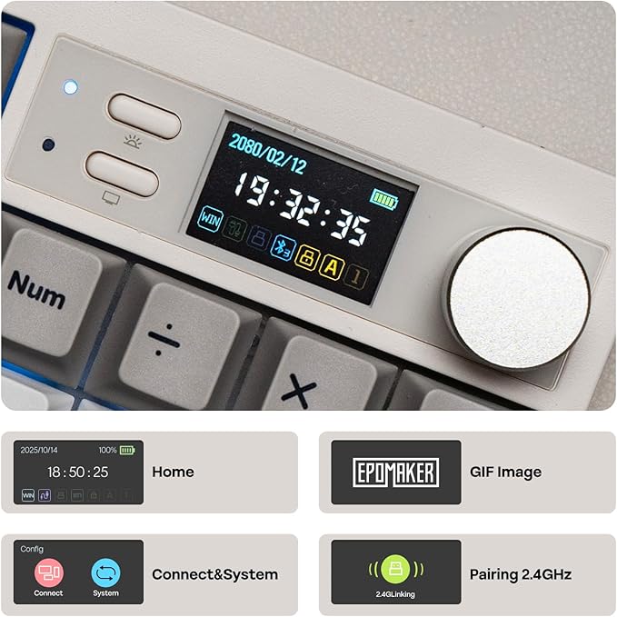 EPOMAKER QK108 Full Size Mechanical Keyboard with Screen & Knob, 8000mAh, QMK/VIA, Creamy&Thocky, Gasket, RGB Backlit, Mac Keycap, Wireless Gaming Keyboard (White Cyan, Wisteria Linear Switch)
