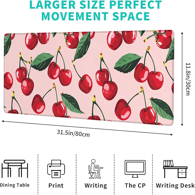 Cute Cherry Gaming Mouse Pad – 12x31.5in Non-Slip Rubber Desk Mat with Sweet Fruit Design – Large Extended Mousepad for Office Home – Deskmat Gifts for Food and Kawaii Decor Enthusiasts Decor