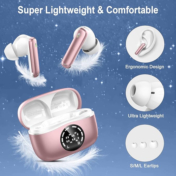 Bluetooth 5.4 Headphones, 2026 3D-Stereo Wireless Earbuds, 48Hrs Deep Bass Ear Buds, 4 ENC Noise Cancelling Mic, USB-C in-Ear Earphones, IP-X7 Waterproof Sport Workout Gym for Laptop Pad Android iOS