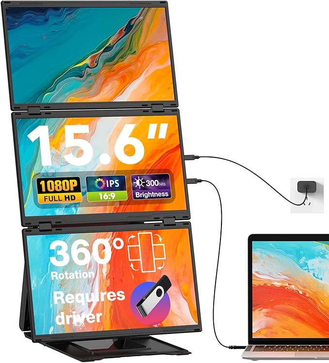 Quad Laptop Screen Extender, 15.6" FHD 1080P Quad Monitor, Combine into One 30" Screen (Landscape/Portrait), Just 1 Cable for 3 Screens, Driver Required, Compatible with Wins & Mac(M1/M2/ M3/M4/M5)