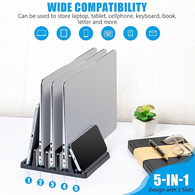 Ryvlan Vertical Laptop Stand, 3 Slot Adjustable Laptop Storage Rack and Desk Organizer, Silicone-Padded Holder for Multiple Devices Storage, Compatible Stand for Tablets and Devices up to 17 Inches