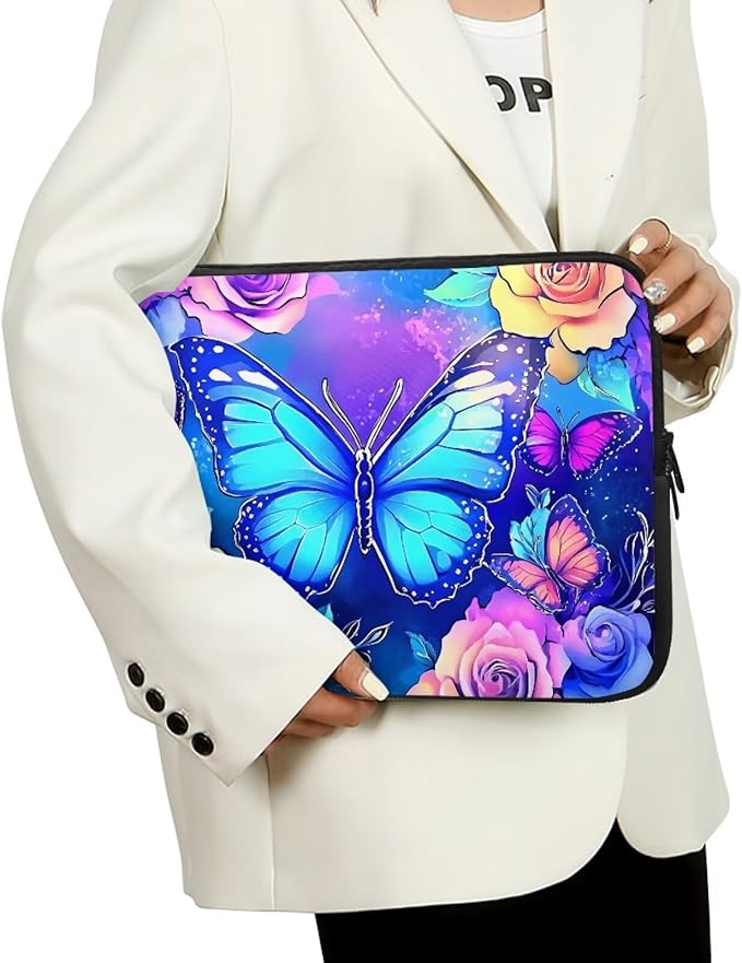 Butterfly Computer Sleeve for Women Laptop Sleeve 12inch Neoprene Lap Top Case with Padded Compartment Computer Carrying Case Purple Rose Laptop Sleeve Bag